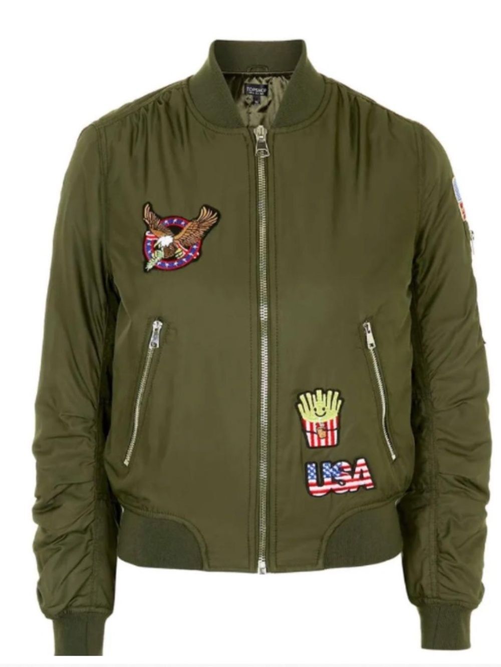 Topshop Olive Green Patch Bomber Jacket US 6 Eagle USA Flag MA-1